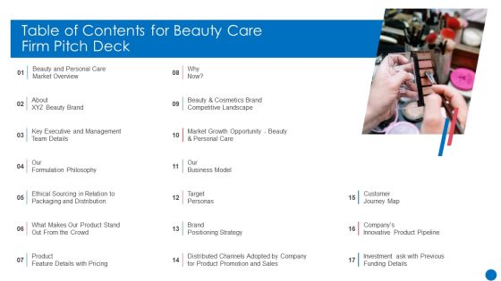 Table Of Contents For Beauty Care Firm Pitch Deck Ppt Professional Topics PDF Table Of Contents For Beauty Care Firm Pitch Deck Ppt Professional Topics PDF