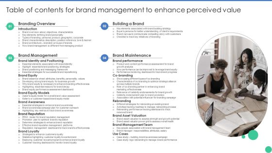 Table Of Contents For Brand Management To Enhance Perceived Value Template PDF