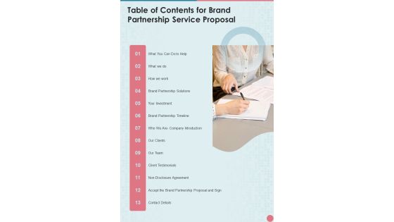 Table Of Contents For Brand Partnership Service Proposal One Pager Sample Example Document Table Of Contents For Brand Partnership Service Proposal One Pager Sample Example Document