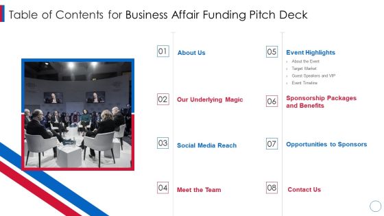 Table Of Contents For Business Affair Funding Pitch Deck Pictures PDF Table Of Contents For Business Affair Funding Pitch Deck Pictures PDF