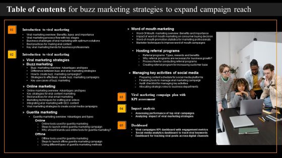 Table Of Contents For Buzz Marketing Strategies To Expand Campaign Reach Elements PDF