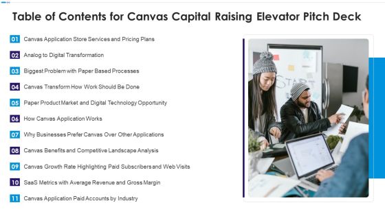 Table Of Contents For Canvas Capital Raising Elevator Pitch Deck Designs PDF Table Of Contents For Canvas Capital Raising Elevator Pitch Deck Designs PDF