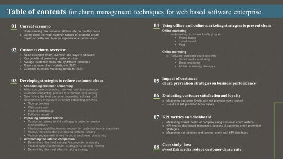 Table Of Contents For Churn Management Techniques For Web Based Software Enterprise Ppt PowerPoint Presentation File Ideas PDF Table Of Contents For Churn Management Techniques For Web Based Software Enterprise Ppt PowerPoint Presentation File Ideas PDF