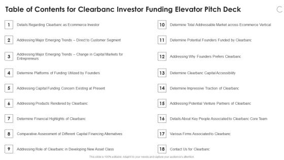 Table Of Contents For Clearbanc Investor Funding Elevator Pitch Deck Graphics PDF Table Of Contents For Clearbanc Investor Funding Elevator Pitch Deck Graphics PDF