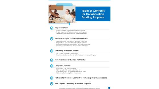 Table Of Contents For Collaboration Funding Proposal One Pager Sample Example Document Table Of Contents For Collaboration Funding Proposal One Pager Sample Example Document