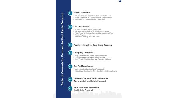 Table Of Contents For Commercial Property Proposal One Pager Sample Example Document Table Of Contents For Commercial Property Proposal One Pager Sample Example Document