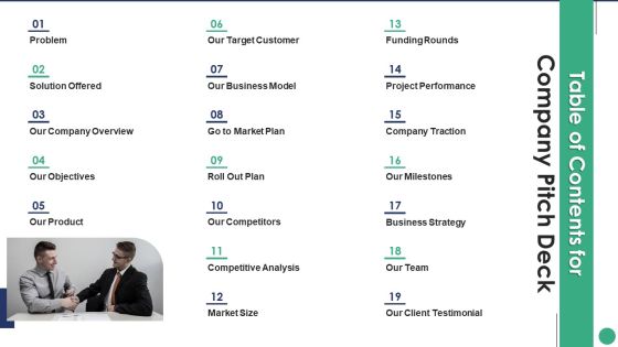 Table Of Contents For Company Pitch Deck Template PDF