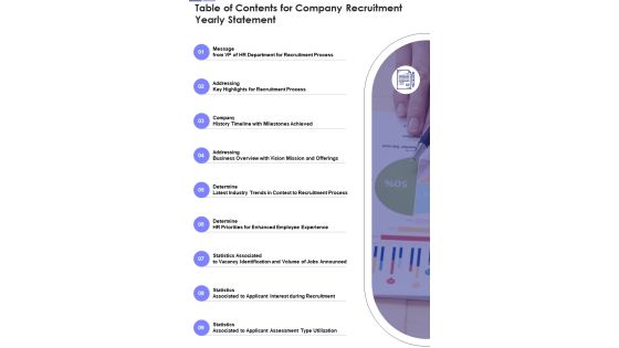 Table Of Contents For Company Recruitment Yearly Statement One Pager Documents Table Of Contents For Company Recruitment Yearly Statement One Pager Documents