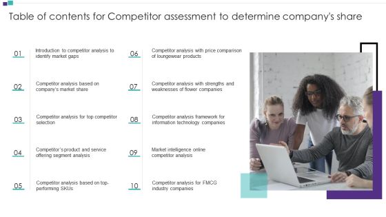 Table Of Contents For Competitor Assessment To Determine Companys Share Infographics PDF