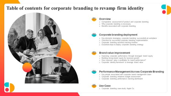 Table Of Contents For Corporate Branding To Revamp Firm Identity Background PDF Table Of Contents For Corporate Branding To Revamp Firm Identity Background PDF
