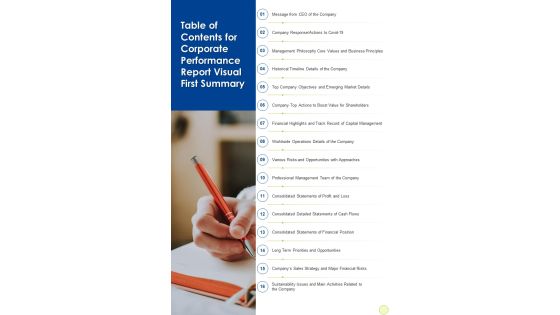 Table Of Contents For Corporate Performance Report Visual First Summary One Pager Documents Table Of Contents For Corporate Performance Report Visual First Summary One Pager Documents