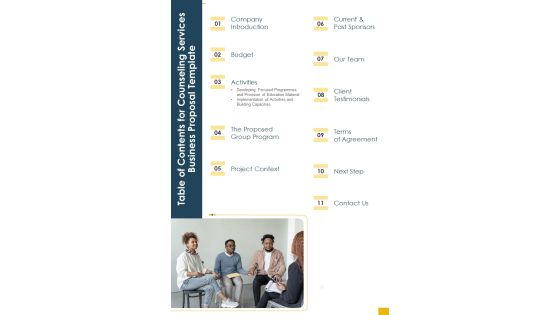 Table Of Contents For Counseling Services Business Proposal Template One Pager Sample Example Document Table Of Contents For Counseling Services Business Proposal Template One Pager Sample Example Document
