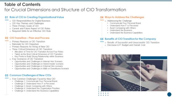 Table Of Contents For Crucial Dimensions And Structure Of CIO Transformation Brochure PDF Table Of Contents For Crucial Dimensions And Structure Of CIO Transformation Brochure PDF