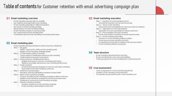Table Of Contents For Customer Retention With Email Advertising Campaign Plan Infographics PDF Table Of Contents For Customer Retention With Email Advertising Campaign Plan Infographics PDF