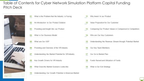 Table Of Contents For Cyber Network Simulation Platform Capital Funding Pitch Deck Slides PDF Table Of Contents For Cyber Network Simulation Platform Capital Funding Pitch Deck Slides PDF