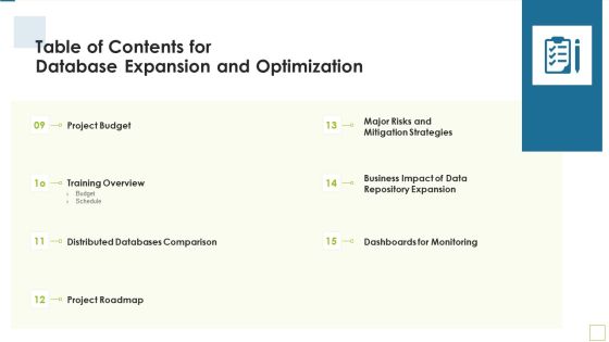 Table Of Contents For Database Expansion And Optimization Budget Ppt Infographics Tips Table Of Contents For Database Expansion And Optimization Budget Ppt Infographics Tips