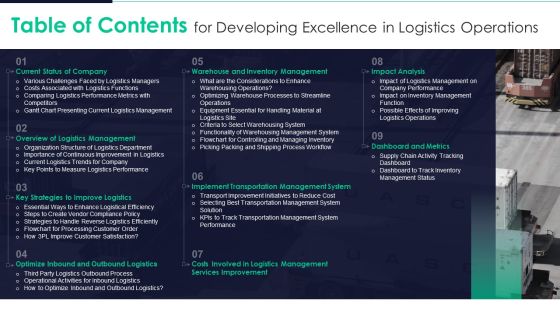 Table Of Contents For Developing Excellence In Logistics Operations Information PDF Table Of Contents For Developing Excellence In Logistics Operations Information PDF