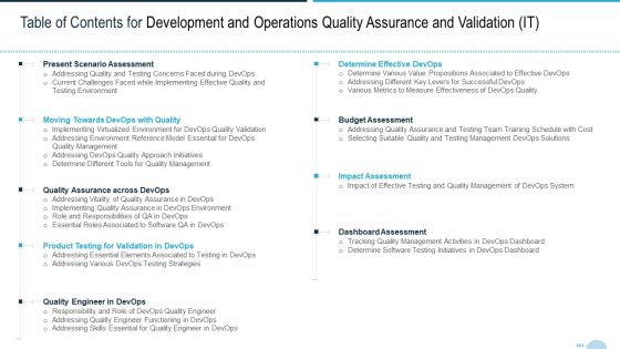 Table Of Contents For Development And Operations Quality Assurance And Validation IT Background PDF