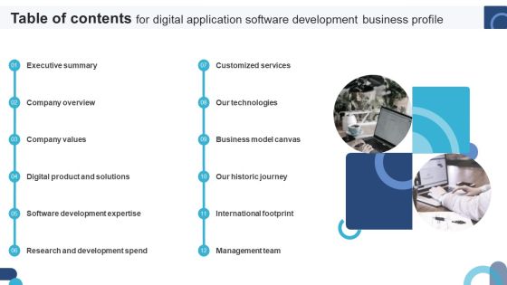 Table Of Contents For Digital Application Software Development Business Profile Sample PDF Table Of Contents For Digital Application Software Development Business Profile Sample PDF