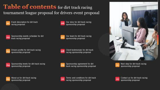 Table Of Contents For Dirt Track Racing Tournament League Proposal For Drivers Event Proposal Clipart PDF Table Of Contents For Dirt Track Racing Tournament League Proposal For Drivers Event Proposal Clipart PDF