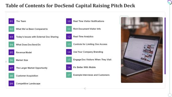 Table Of Contents For Docsend Capital Raising Pitch Deck Inspiration PDF