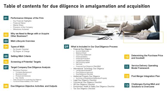 Table Of Contents For Due Diligence In Amalgamation And Acquisition Formats PDF Table Of Contents For Due Diligence In Amalgamation And Acquisition Formats PDF