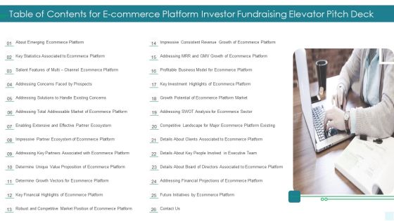 Table Of Contents For E Commerce Platform Investor Fundraising Elevator Pitch Deck Clipart PDF