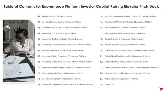 Table Of Contents For Ecommerce Platform Investor Capital Raising Elevator Pitch Deck Sample PDF Table Of Contents For Ecommerce Platform Investor Capital Raising Elevator Pitch Deck Sample PDF