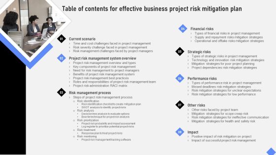 Table Of Contents For Effective Business Project Risk Mitigation Plan Elements PDF Table Of Contents For Effective Business Project Risk Mitigation Plan Elements PDF