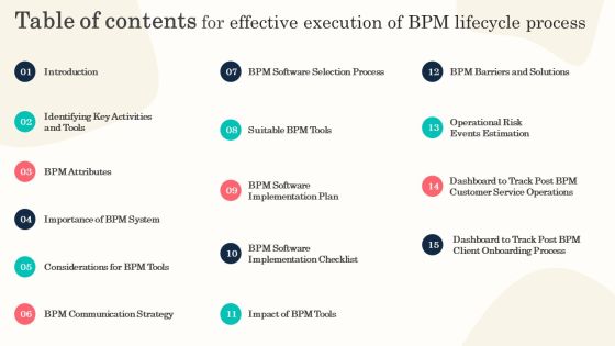 Table Of Contents For Effective Execution Of BPM Lifecycle Process Information PDF