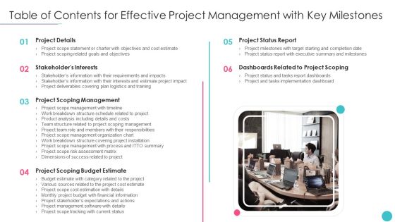 Table Of Contents For Effective Project Management With Key Milestones Graphics PDF Table Of Contents For Effective Project Management With Key Milestones Graphics PDF