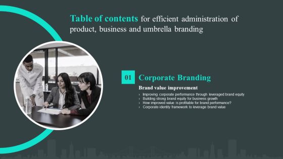 Table Of Contents For Efficient Administration Of Product Business And Umbrella Branding Value Pictures PDF