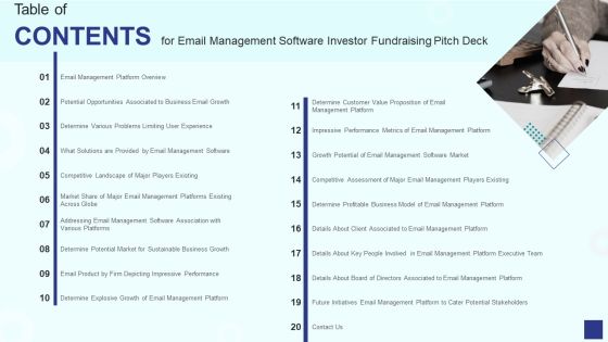 Table Of Contents For Email Management Software Investor Fundraising Pitch Deck Inspiration PDF Table Of Contents For Email Management Software Investor Fundraising Pitch Deck Inspiration PDF