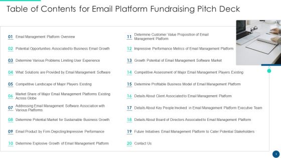 Table Of Contents For Email Platform Fundraising Pitch Deck Themes PDF Table Of Contents For Email Platform Fundraising Pitch Deck Themes PDF