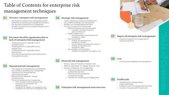 Table Of Contents For Enterprise Risk Management Techniques Ppt Layouts Infographics PDF Table Of Contents For Enterprise Risk Management Techniques Ppt Layouts Infographics PDF