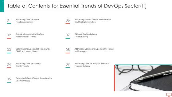 Table Of Contents For Essential Trends Of Devops Sector IT Formats PDF Table Of Contents For Essential Trends Of Devops Sector IT Formats PDF