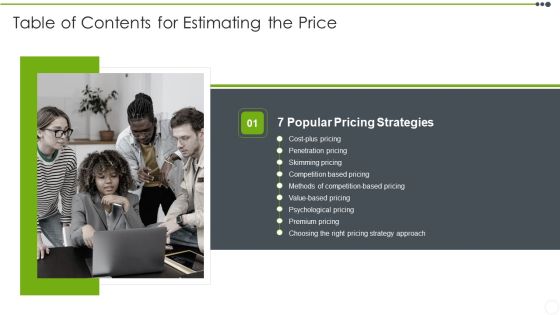 Table Of Contents For Estimating The Price Strategy Designs PDF