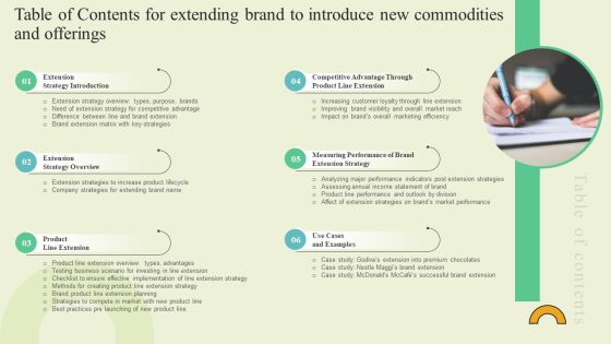 Table Of Contents For Extending Brand To Introduce New Commodities And Offerings Sample PDF