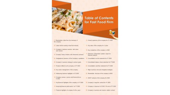 Table Of Contents For Fast Food Firm PDF Document PPT Template Table Of Contents For Fast Food Firm PDF Document PPT Template