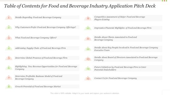 Table Of Contents For Food And Beverage Industry Application Pitch Deck Rules PDF Table Of Contents For Food And Beverage Industry Application Pitch Deck Rules PDF