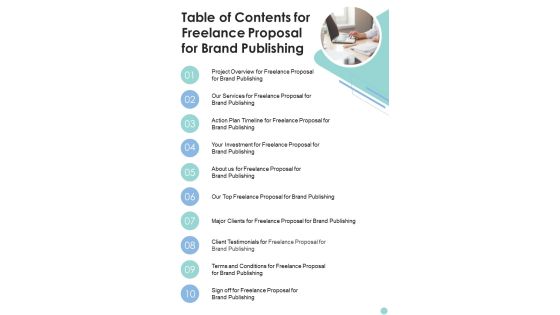 Table Of Contents For Freelance Proposal For Brand Publishing One Pager Sample Example Document Table Of Contents For Freelance Proposal For Brand Publishing One Pager Sample Example Document