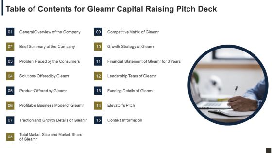 Table Of Contents For Gleamr Capital Raising Pitch Deck Ppt Layouts Tips PDF Table Of Contents For Gleamr Capital Raising Pitch Deck Ppt Layouts Tips PDF