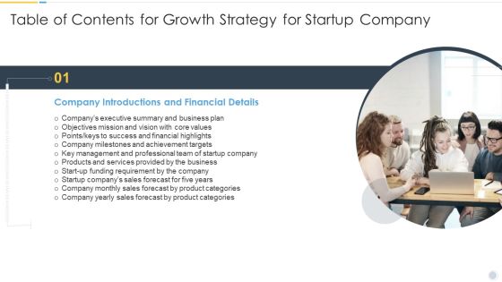 Table Of Contents For Growth Strategy For Startup Company Sample PDF Table Of Contents For Growth Strategy For Startup Company Sample PDF