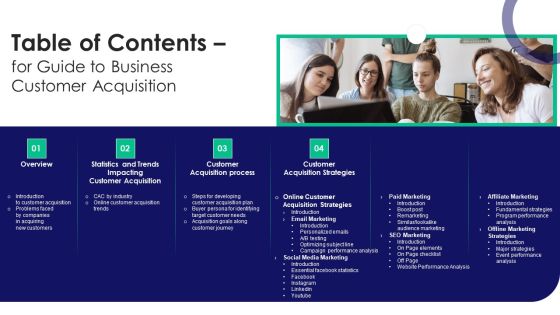 Table Of Contents For Guide To Business Customer Acquisition Template PDF