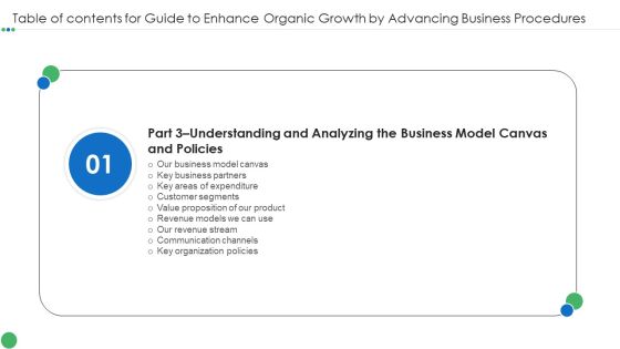 Table Of Contents For Guide To Enhance Organic Growth By Advancing Business Procedures Slide Summary PDF Table Of Contents For Guide To Enhance Organic Growth By Advancing Business Procedures Slide Summary PDF