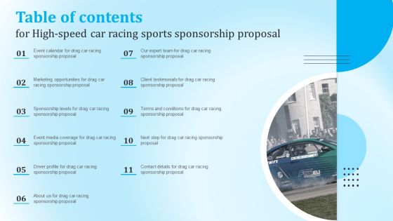 Table Of Contents For High Speed Car Racing Sports Sponsorship Proposal Download PDF Table Of Contents For High Speed Car Racing Sports Sponsorship Proposal Download PDF