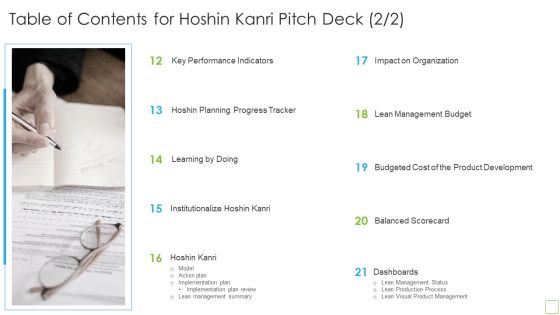 Table Of Contents For Hoshin Kanri Pitch Deck Tips Information PDF
