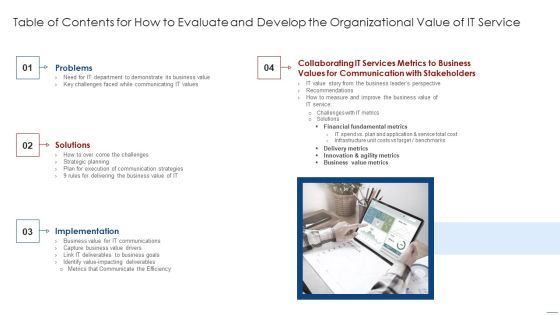 Table Of Contents For How To Evaluate And Develop The Organizational Value Of IT Service Elements PDF Table Of Contents For How To Evaluate And Develop The Organizational Value Of IT Service Elements PDF