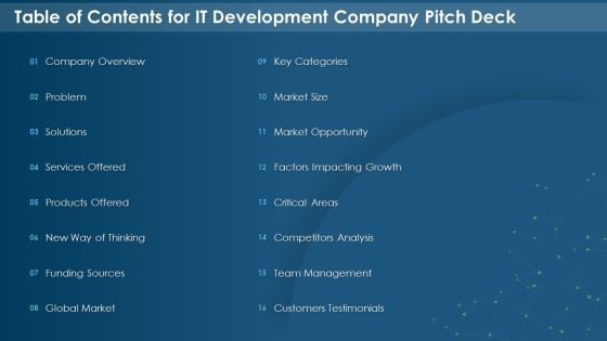 Table Of Contents For IT Development Company Pitch Deck Designs PDF Table Of Contents For IT Development Company Pitch Deck Designs PDF