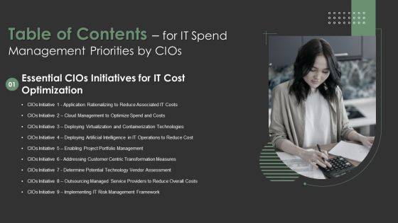 Table Of Contents For IT Spend Management Priorities By Cios Risk Template PDF